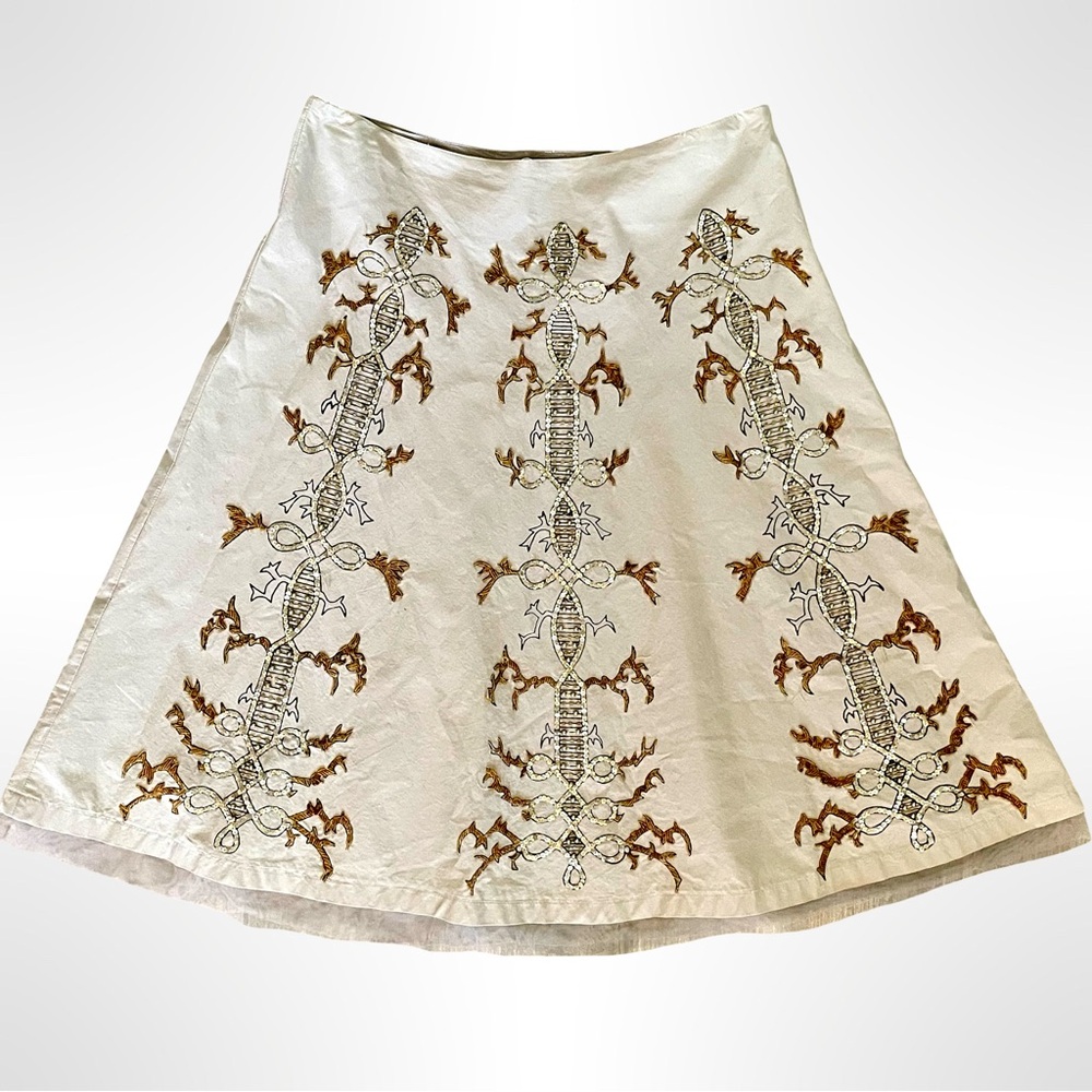 Embroidered A-Line Skirt - Cream and Brown